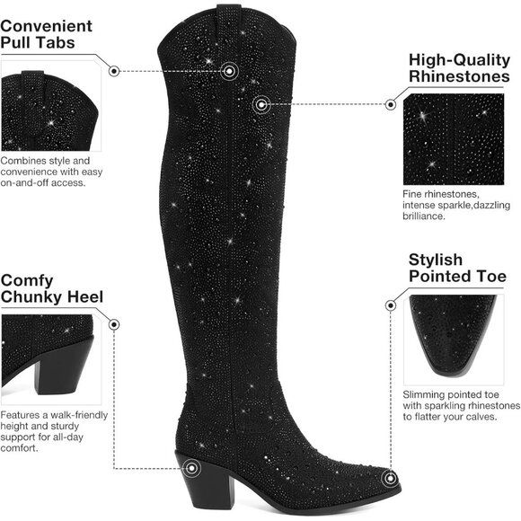 Women's Black Rhinestone Sparkly Over Knee Pointed Toe Chunky High Heel Boots - Picture 4 of 6